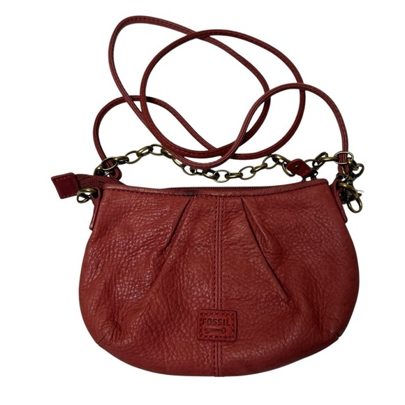 Fossil Crossbody Bag Convertible Leather & Chain Hand Shoulder Purse Orange/Red - Picture 9 of 10